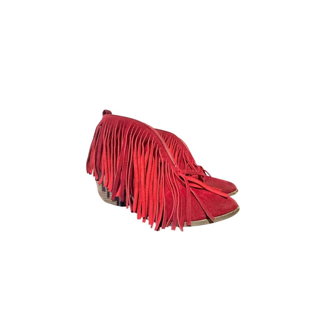 Beast Fashion Fringe Booties Boho‎ Low Heel Ankle Cowgirl Slip On Womens 6 Red